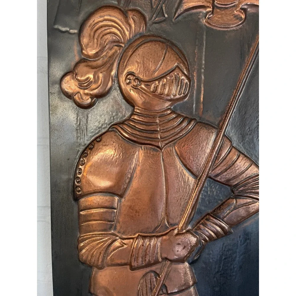 Vintage 3D Medieval Copper Knight Wall Art Plaque Embossed Metal Fleur -De-Lis